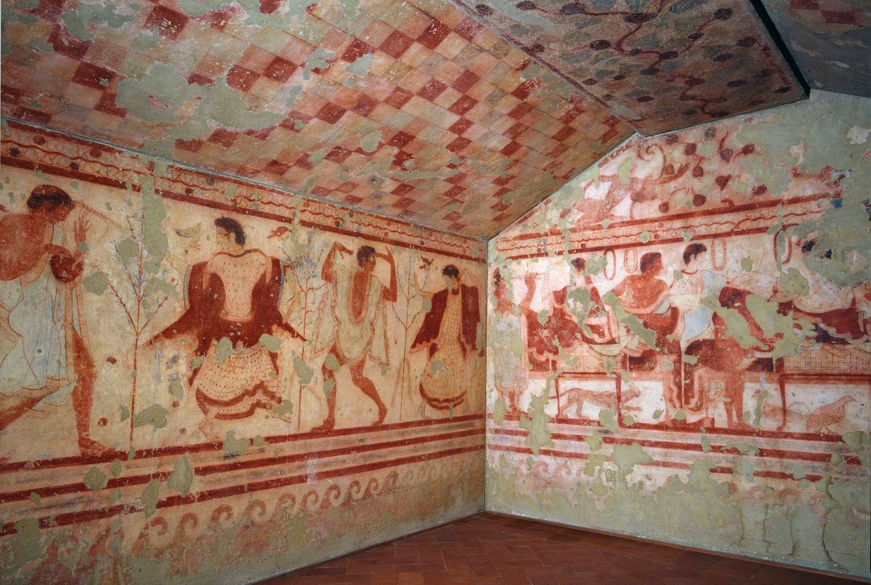 Art étrusque : fresques représentant des scènes de banquet. Tombe du Triclinium. 5e siècle av. J.-C. Musée archéologique national de Tarquinia, Italie - Etruscan