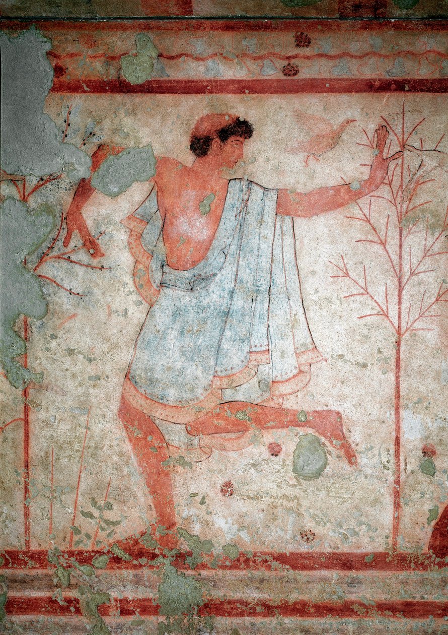 Art étrusque : fresques représentant des scènes de banquet, détail représentant un danseur. Tombe du Triclinium. 5e siècle av. J.-C. Musée archéologique national de Tarquinia, Italie - Etruscan