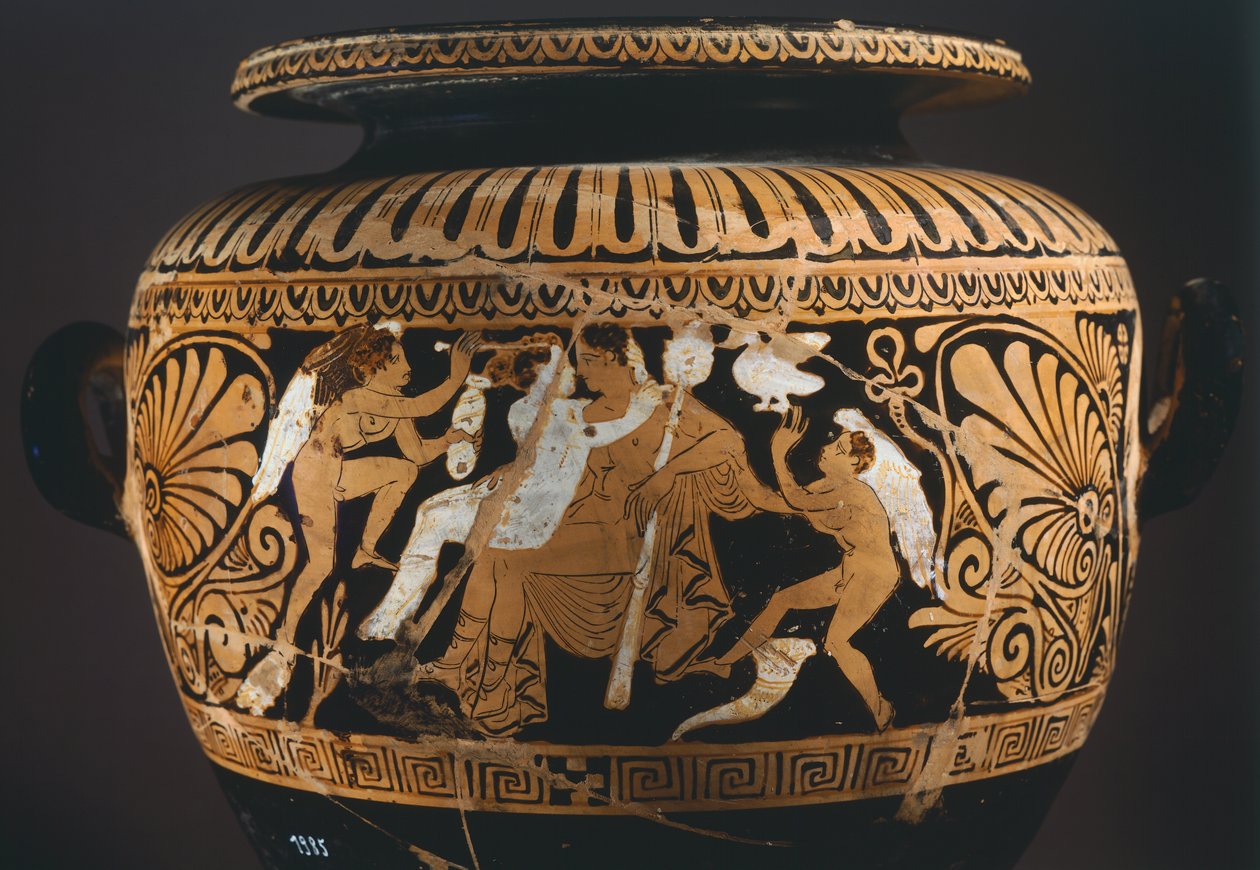 Stamnos (vase de stockage de liquide), détail montrant Dionysos et Ariane. Céramique à figures rouges de Porano (Ombrie). Civilisation étrusque, IVe siècle av. J.-C. - Etruscan