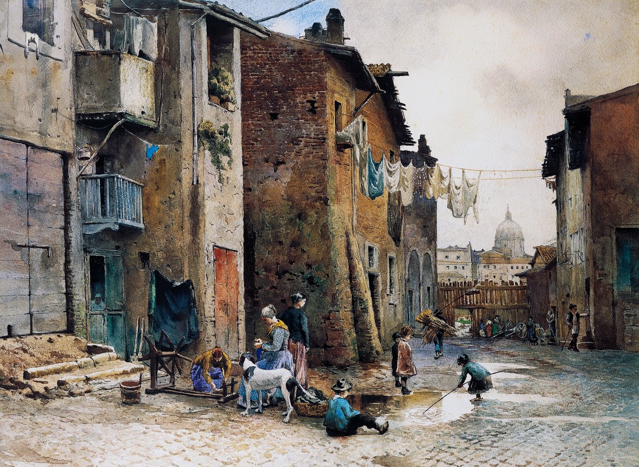 Maisons médiévales dans la Via della Lungaretta à Rome, par Ettore Roesler Franz, Italie - Ettore Roesler Franz
