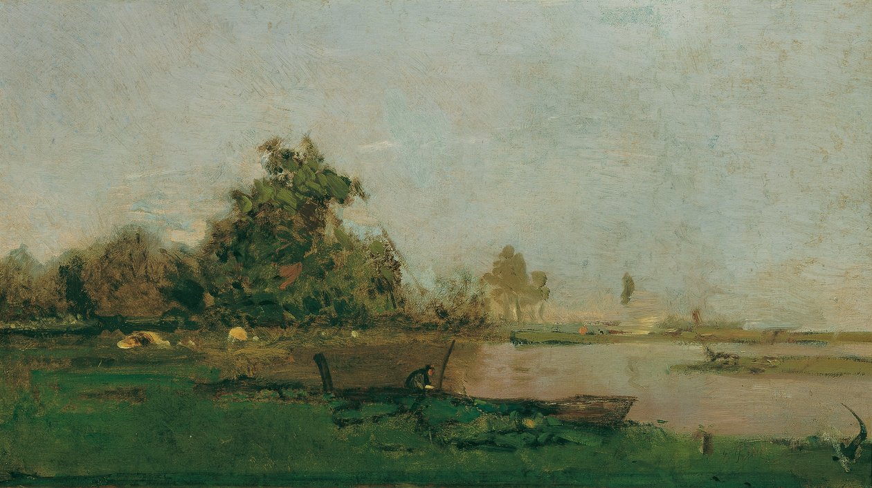 Paysage fluvial avec bateau - Eugen Jettel