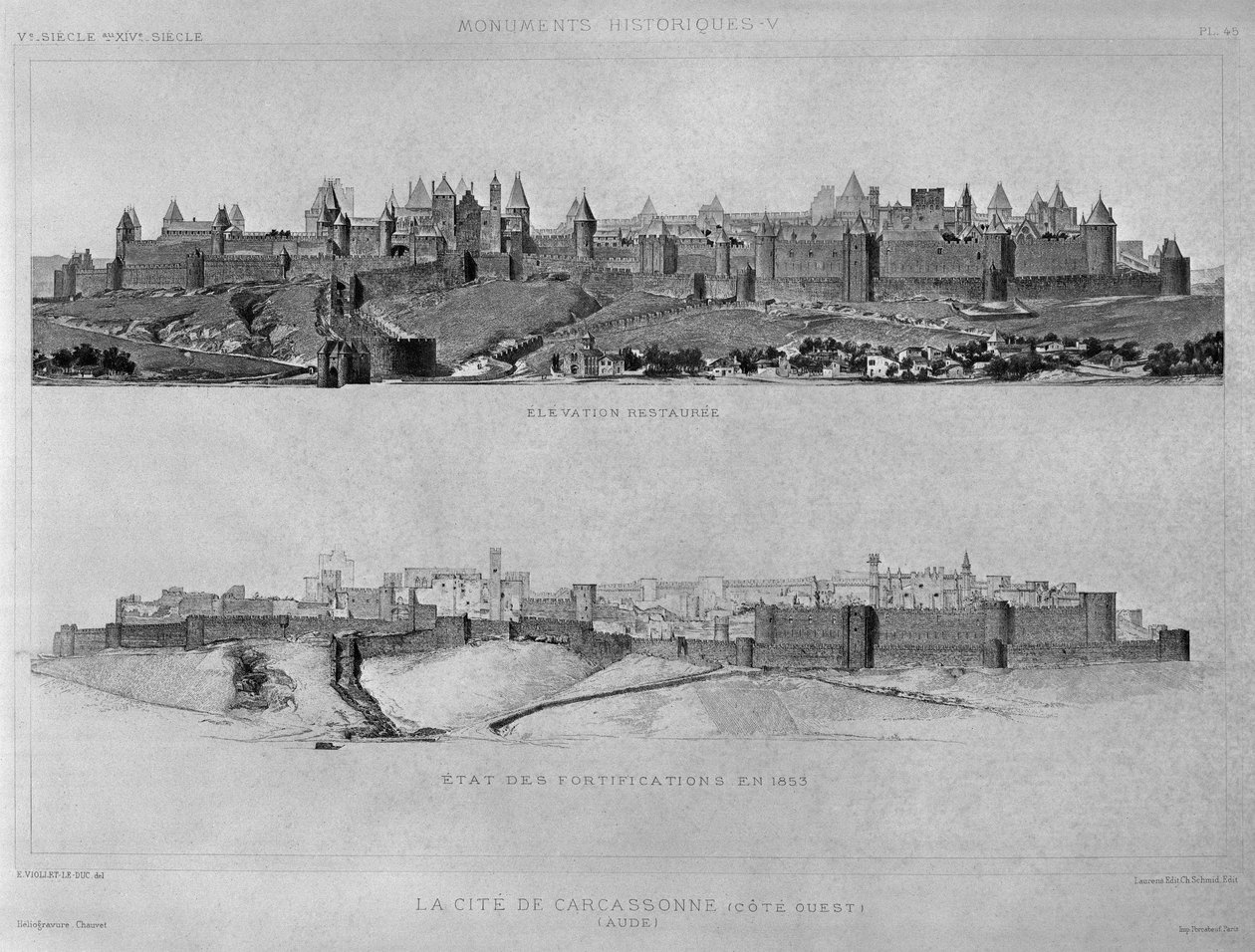 Vue de Carcassonne depuis le côté ouest, état des fortifications et de la ville en 1853, illustration de 