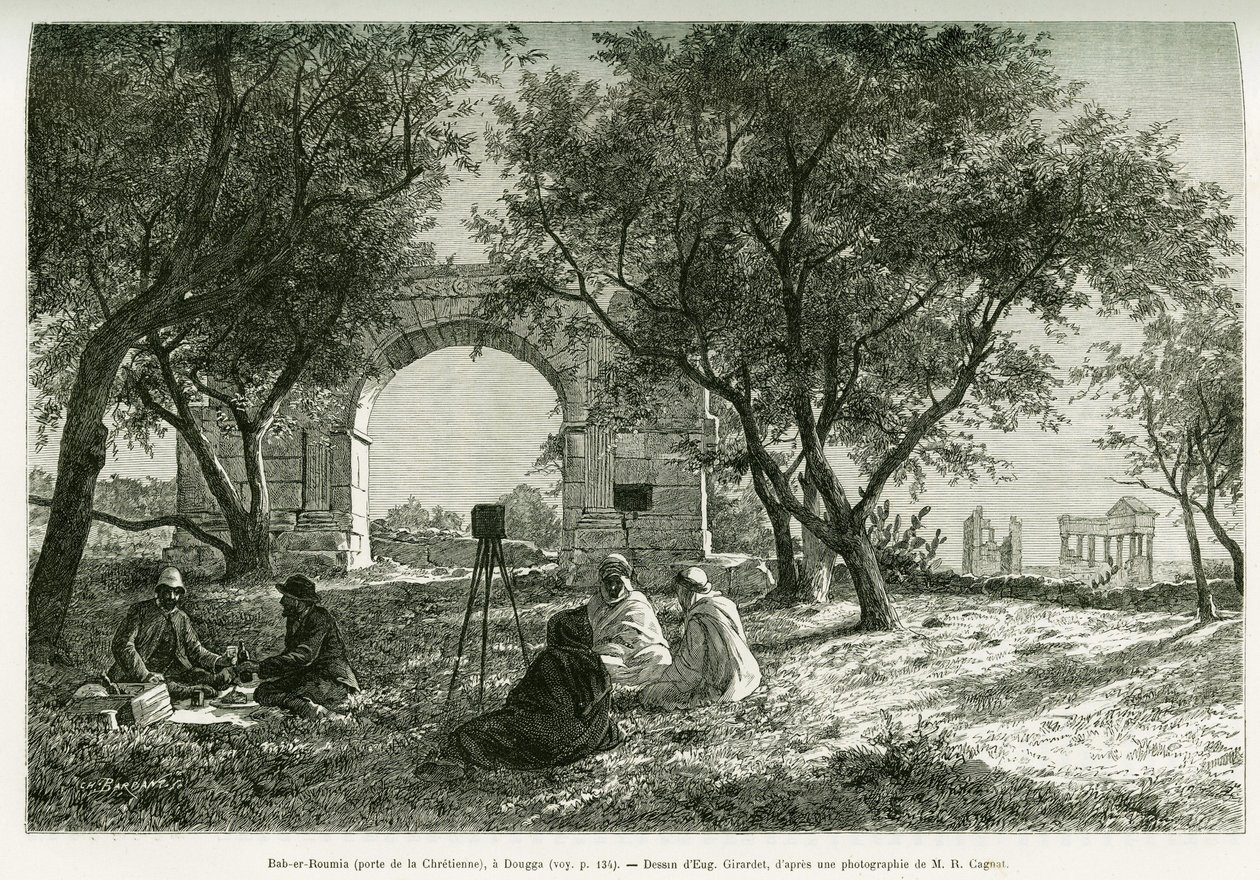 Bab-er-Roumia, porte de la femme chrétienne, ruines romaines à Dougga, pique-nique de voyageurs et leurs guides. Gravure pour illustrer l