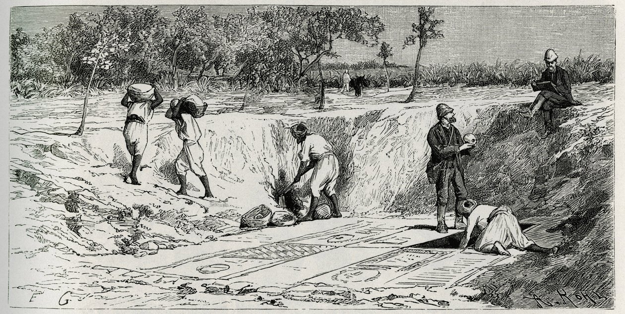 Fouilles au cimetière chrétien de Lamta, avec les deux missions. Gravure par Eug. Girardet, pour illustrer l