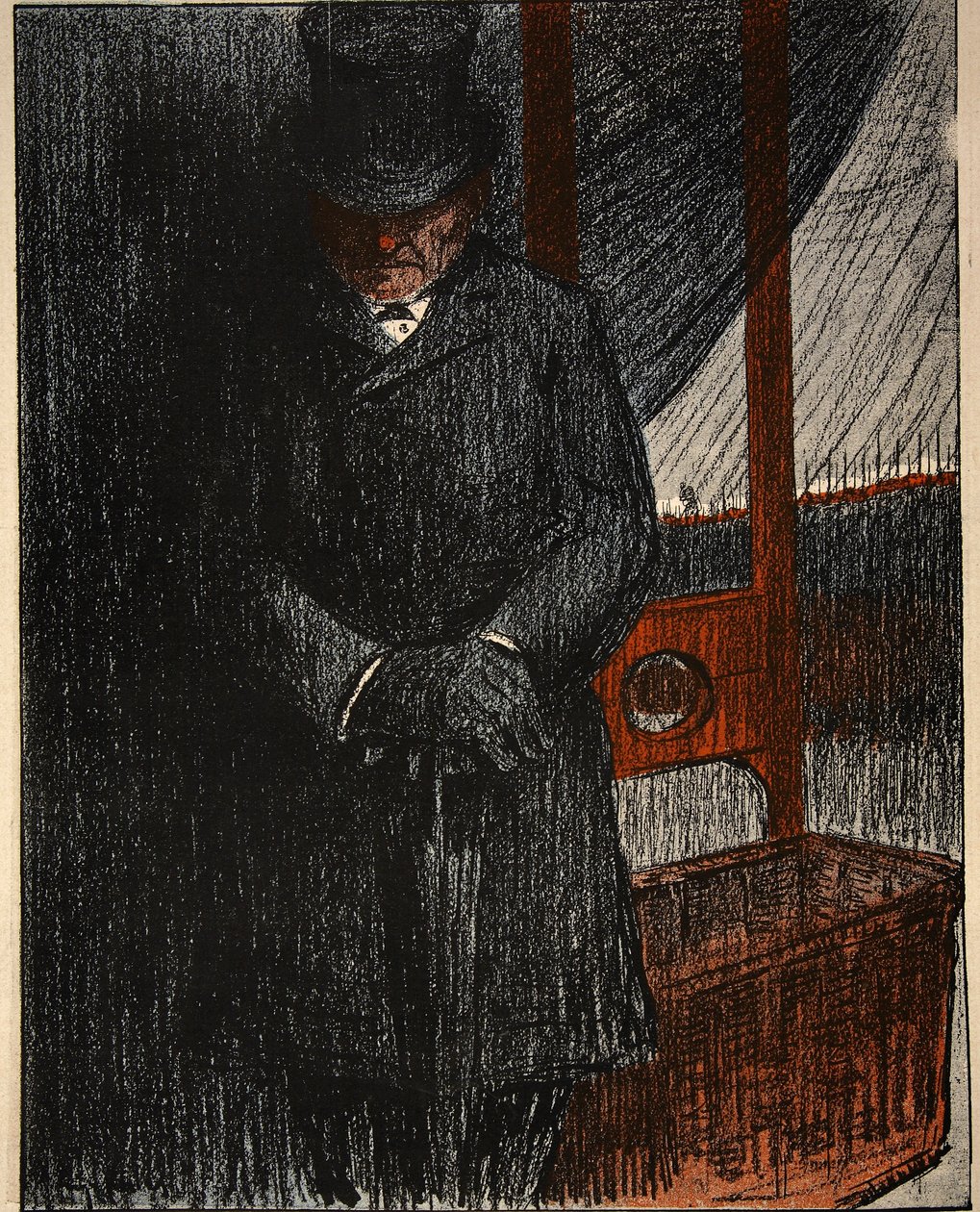 Un entrepreneur de pompes funèbres attend sa prochaine victime près de la guillotine, illustration de 