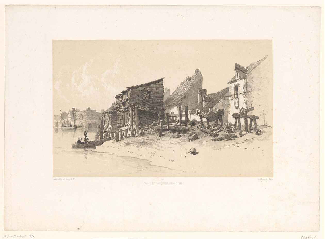 Rivage avec maisons et moulin à eau (Pittoreske landschappen) - Eugene Ciceri