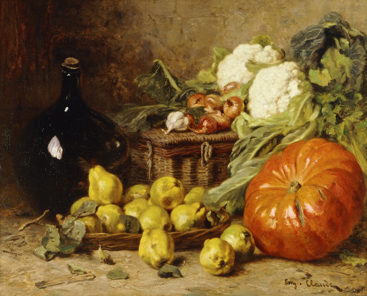 Nature morte avec une cruche à vin, un panier, des poires, des oignons, des choux-fleurs, des choux, de l