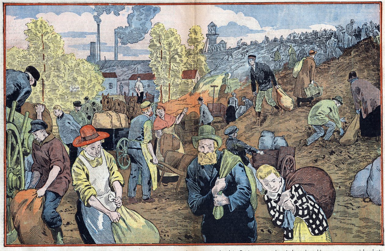 Les chasseurs cherchent des morceaux de charbon parmi les pierres extraites des mines pour se chauffer pendant l