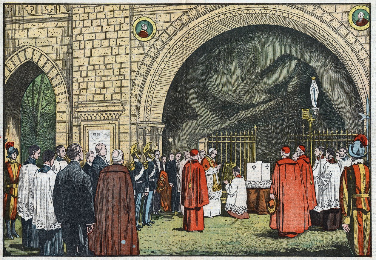 Devant la « Grotte de Lourdes », dans les jardins du Vatican, le pape Pie XI bénit la première pierre du Collège de Propagande qui s