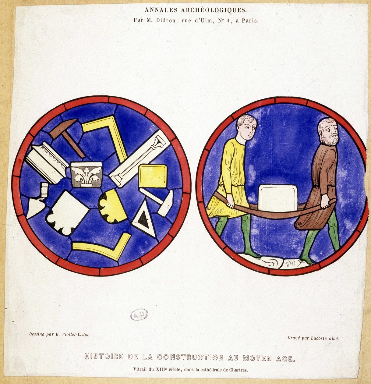 Histoire de la construction au Moyen Âge : Fac-similé de vitraux du XIIIe siècle, dans la cathédrale de Chartres - Dessiné par Eugène Viollet-le-Duc (Viollet le Duc) (1814-1879) et comportant plusieurs symboles maçonniques - Eugene Emmanuel (after) Viollet le Duc