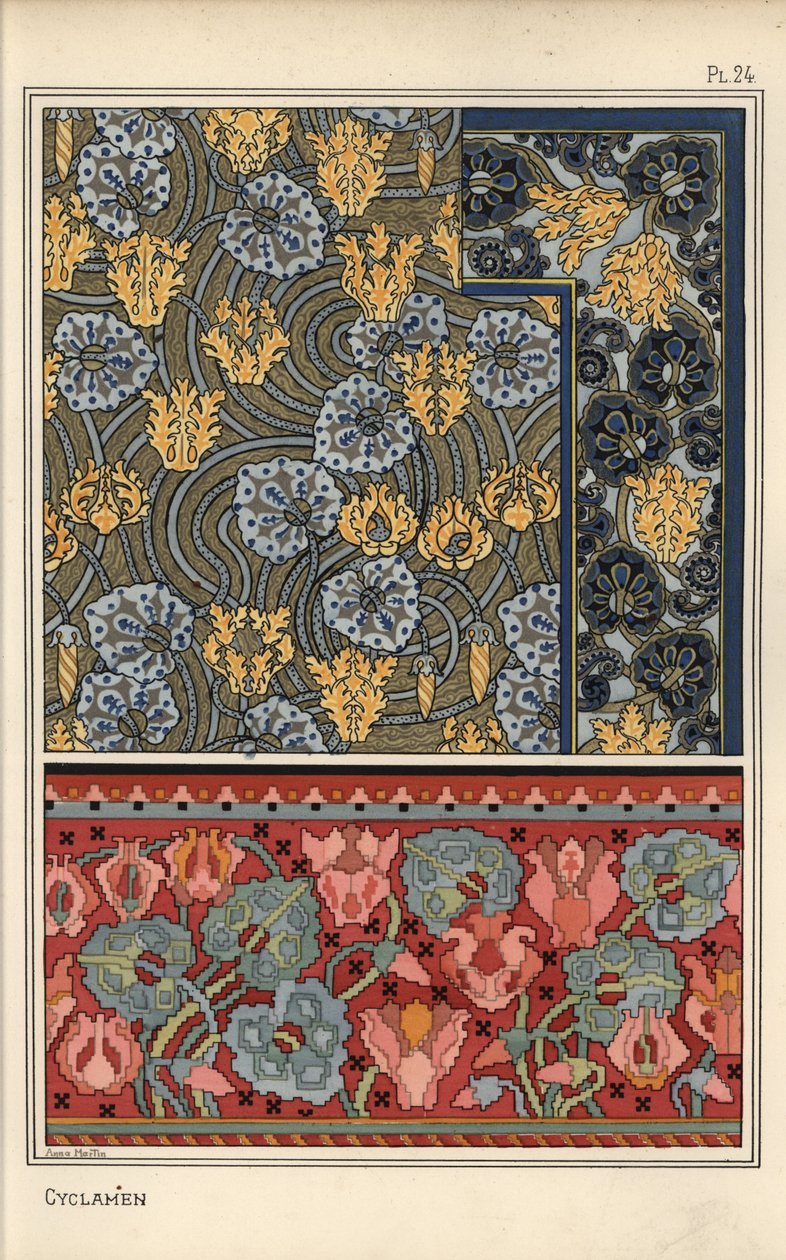 Cyclamen persicum comme motif dans des dessins pour tapisserie, tissu et papier peint. Lithographie par Anna Martin - Eugene Grasset