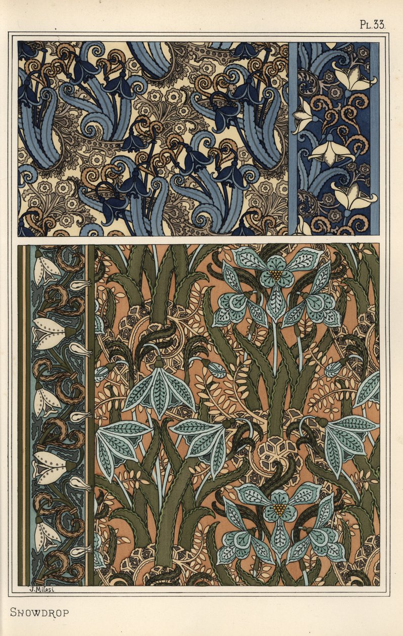 Perce-neige, Galanthus nivalis, comme motif de design dans des motifs de papier peint, bordures et tissus - Eugene Grasset