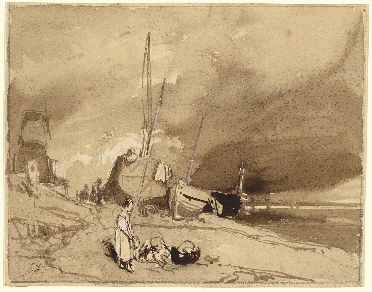 Bord de Plage (Bateaux de pêche sur une plage, nuages d
