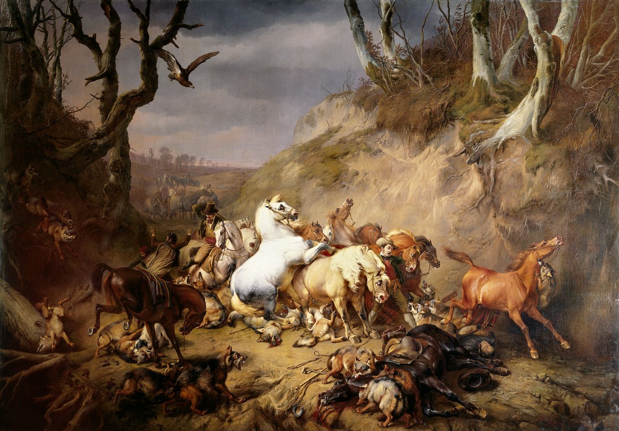 Des loups affamés attaquent un groupe de cavaliers - Eugene Joseph Verboeckhoven