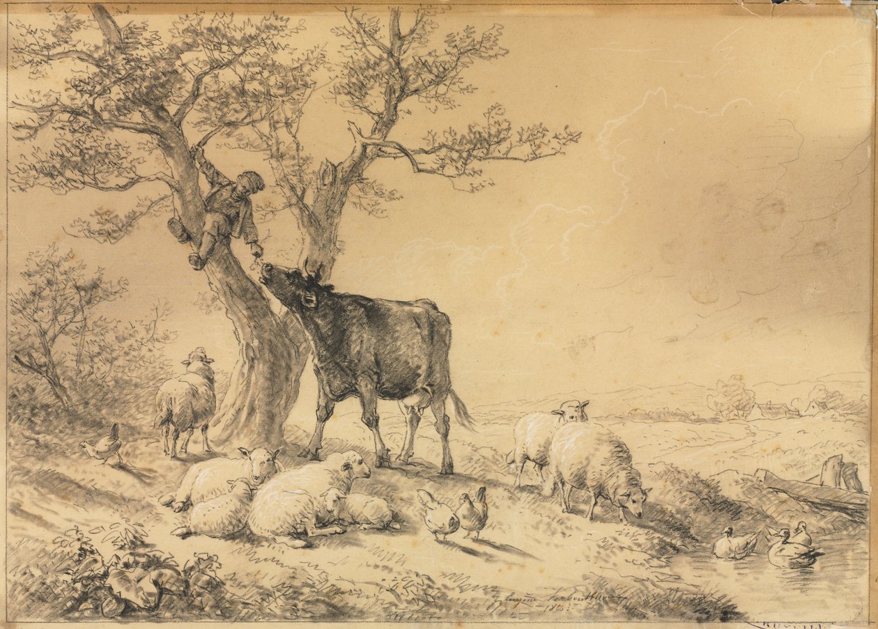 Paysage avec animaux et garçon dans l