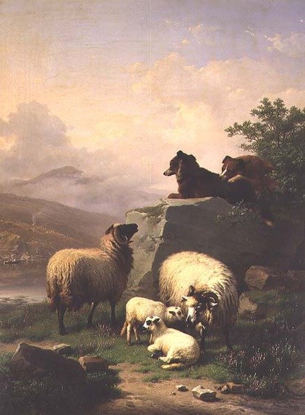 Moutons et agneaux avec deux chiens dans un paysage fluvial - Eugene Joseph Verboeckhoven
