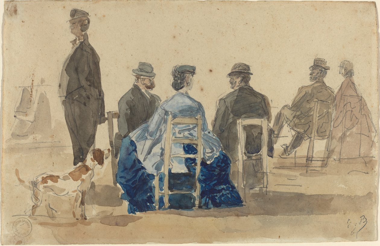 Dames et messieurs assis sur la plage avec un chien - Eugene Louis Boudin