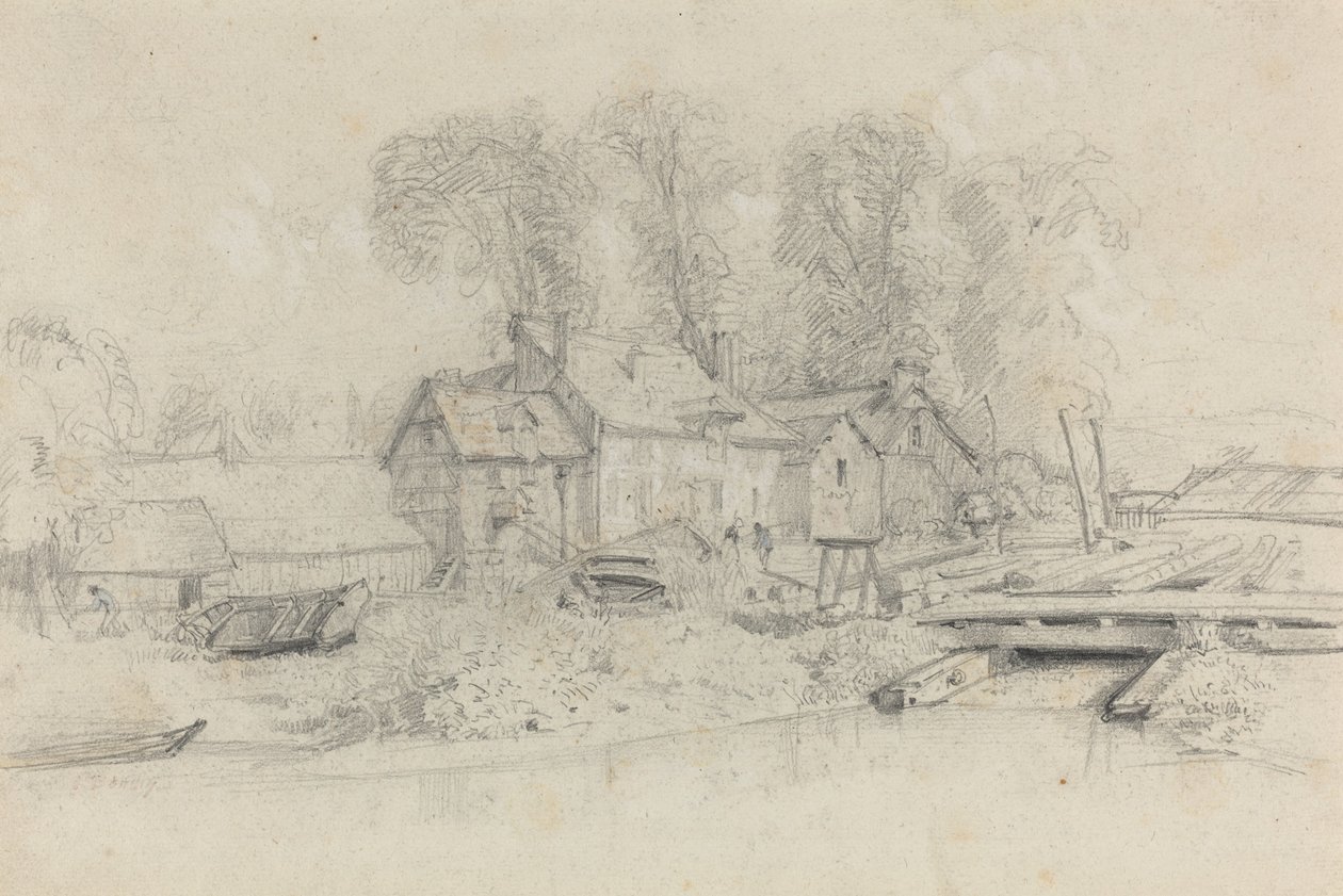 Paysage fluvial avec bâtiments, bateaux et personnages, vers 1858 - Eugene Louis Boudin