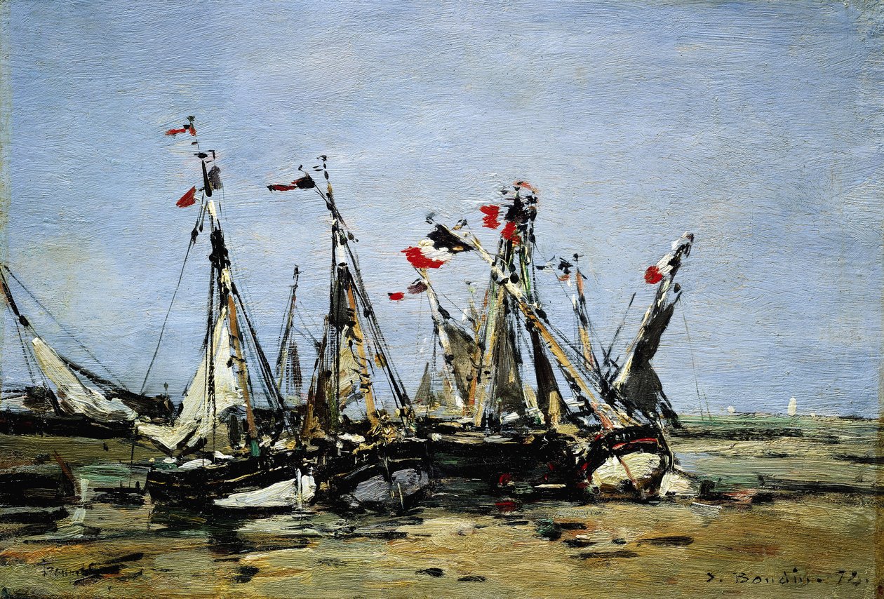 Trouville (France), en attendant la marée, bateaux de pêche sur la plage, décorés de drapeaux français, commémorant la Révolution française de 1789 - Eugene Louis Boudin
