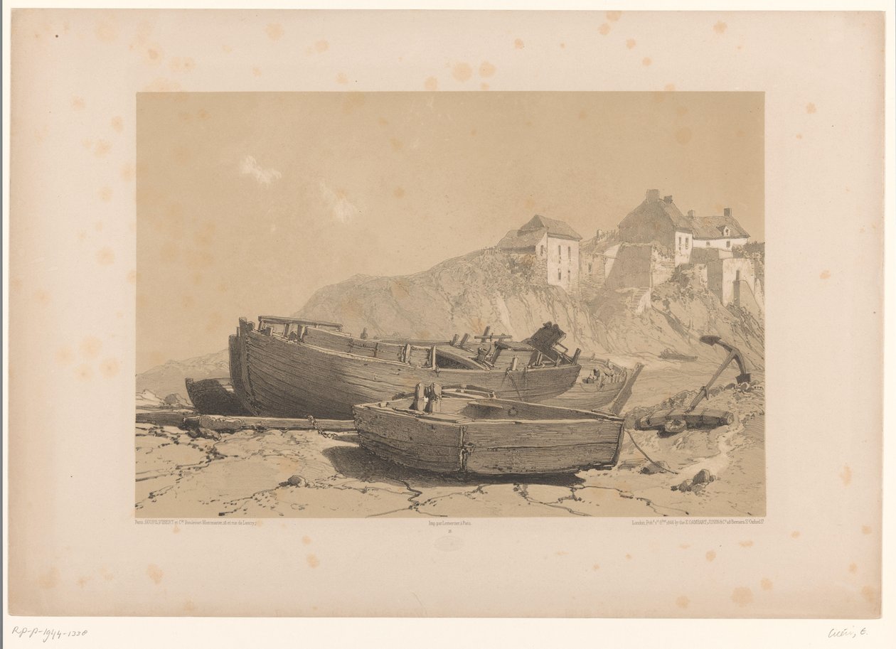 Côte rocheuse avec bateaux et village de pêcheurs - Eugène Cicéri (attributed to)