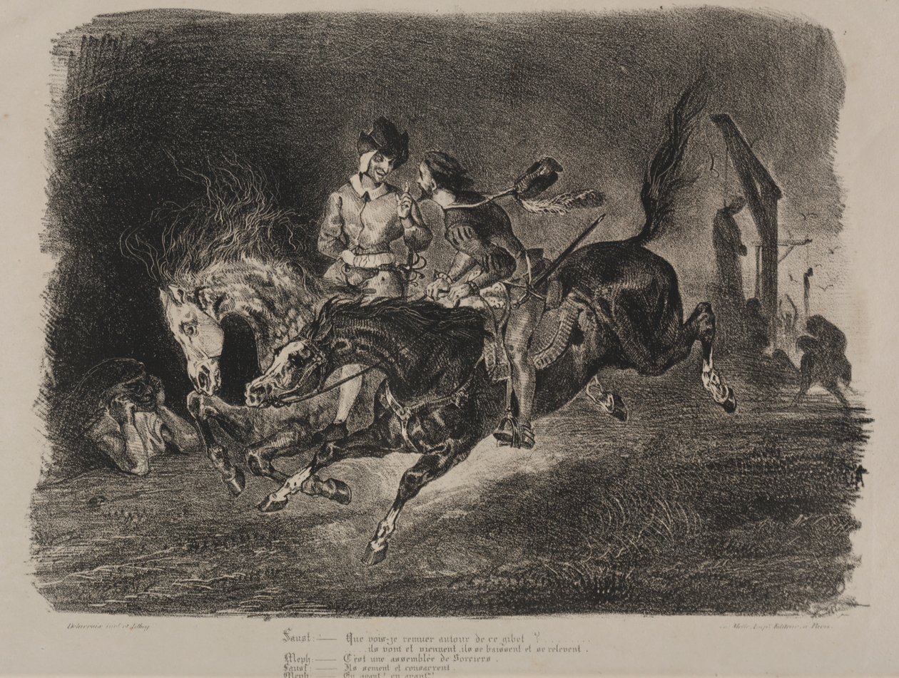 Illustrations pour Faust : Faust et Méphistophélès à cheval sur le sabbat - Eugène Delacroix