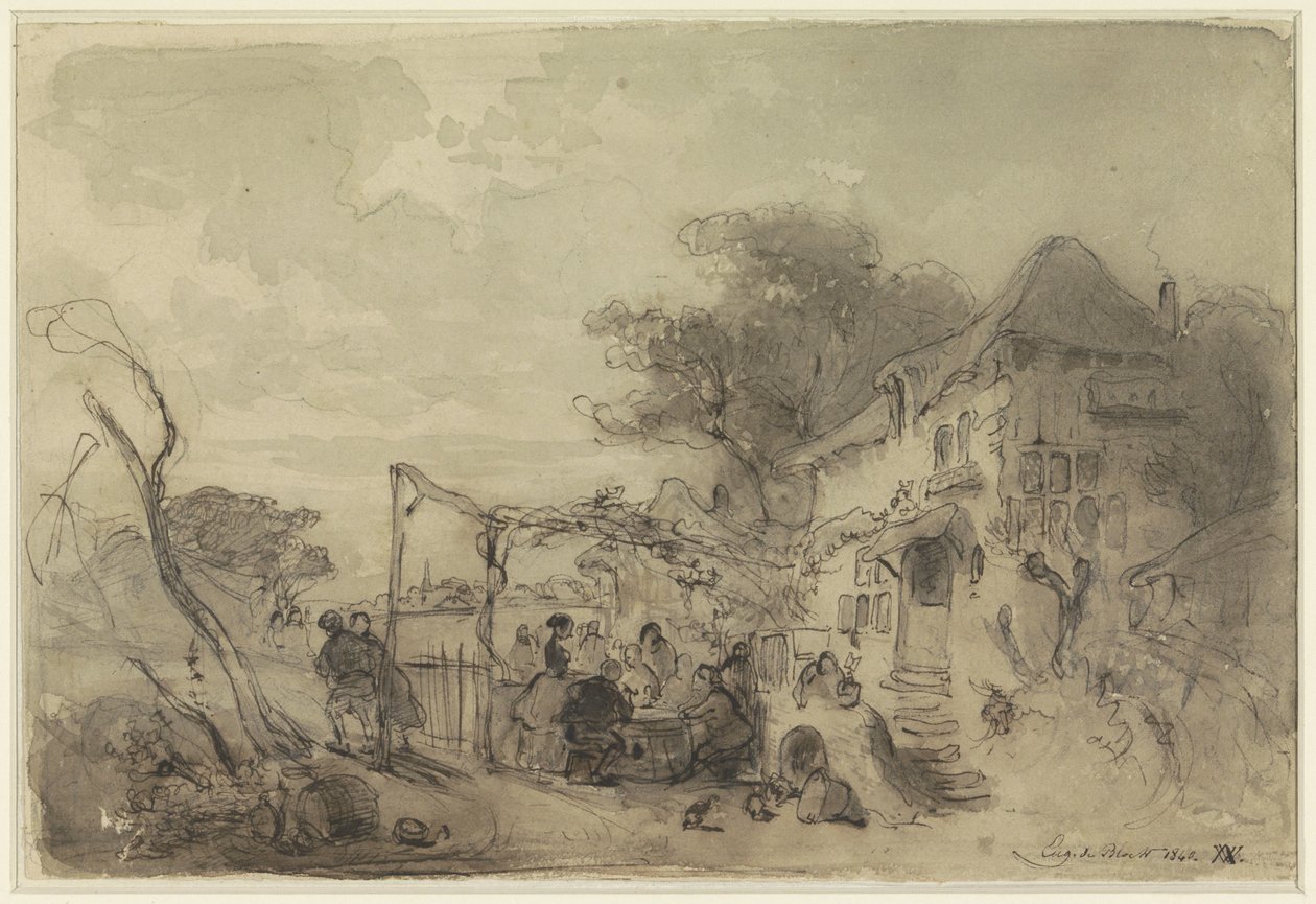 Groupe sur une terrasse devant une auberge le long d