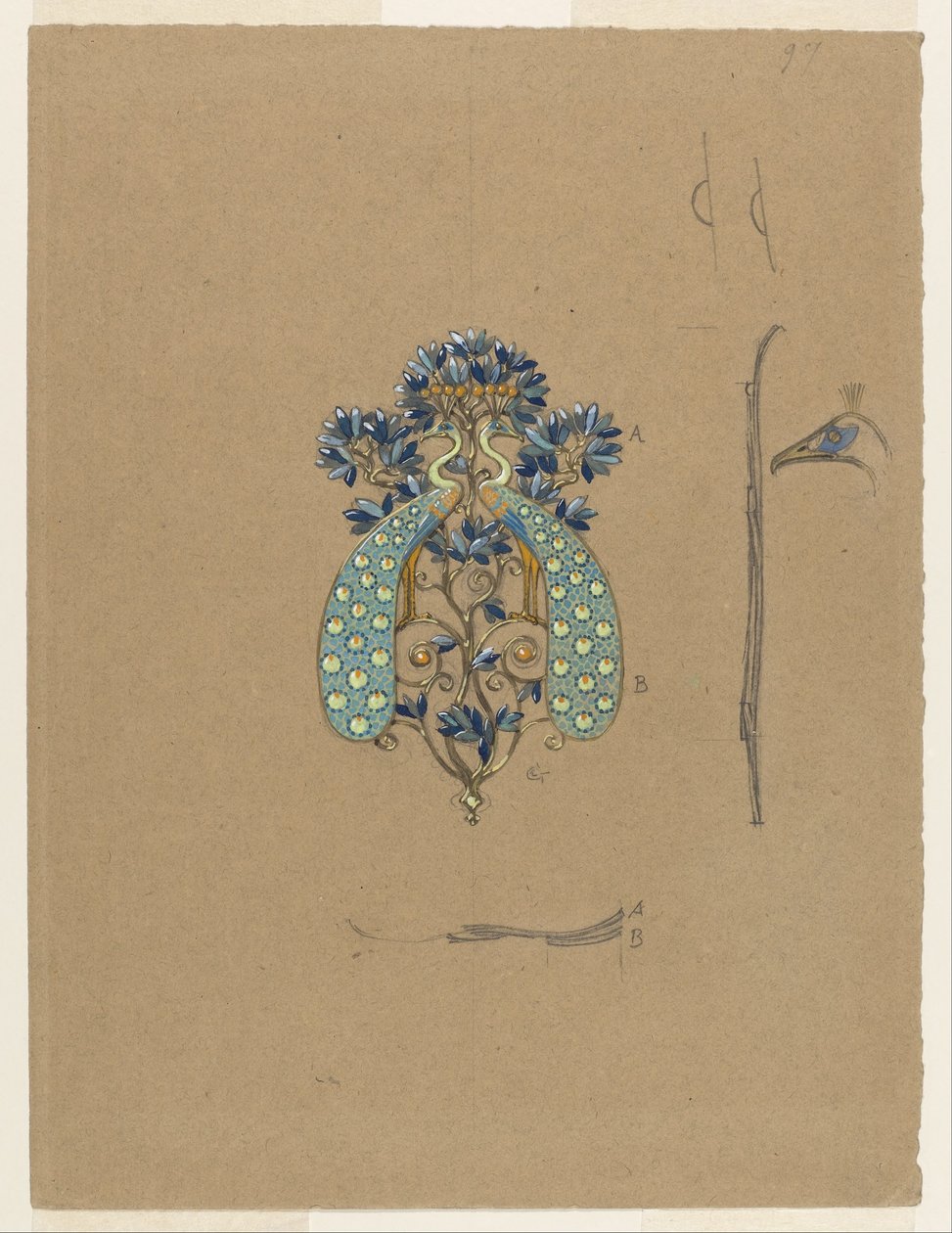 Conception pour une boucle de ceinture avec motif de paon - Eugene Grasset