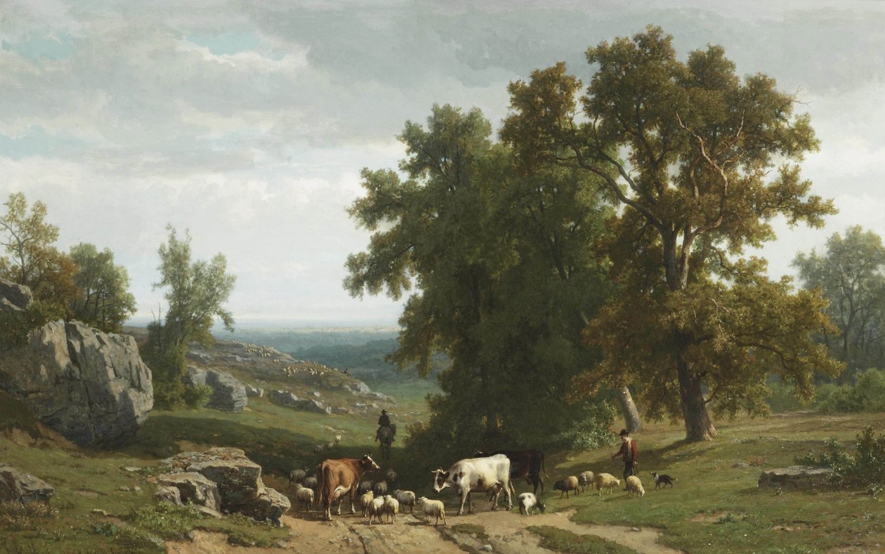 Bovins et personnages dans un paysage d