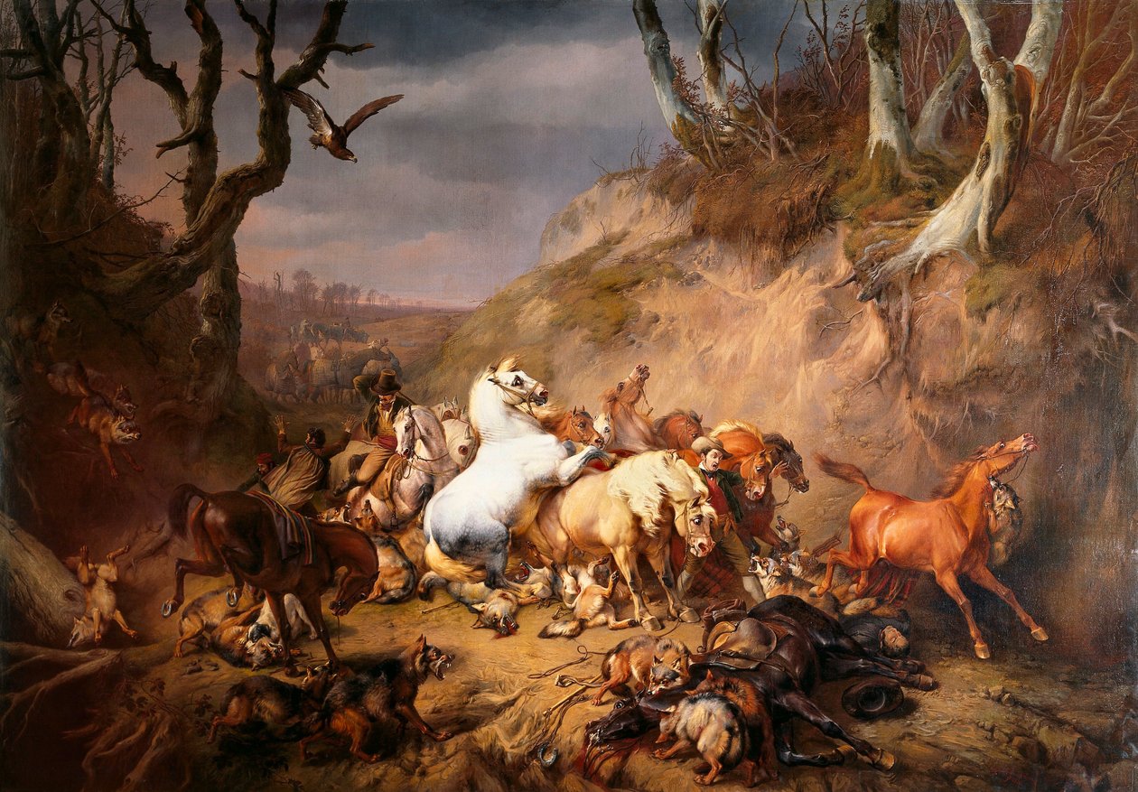Loups affamés attaquant un groupe de cavaliers - Eugène Verboeckhoven