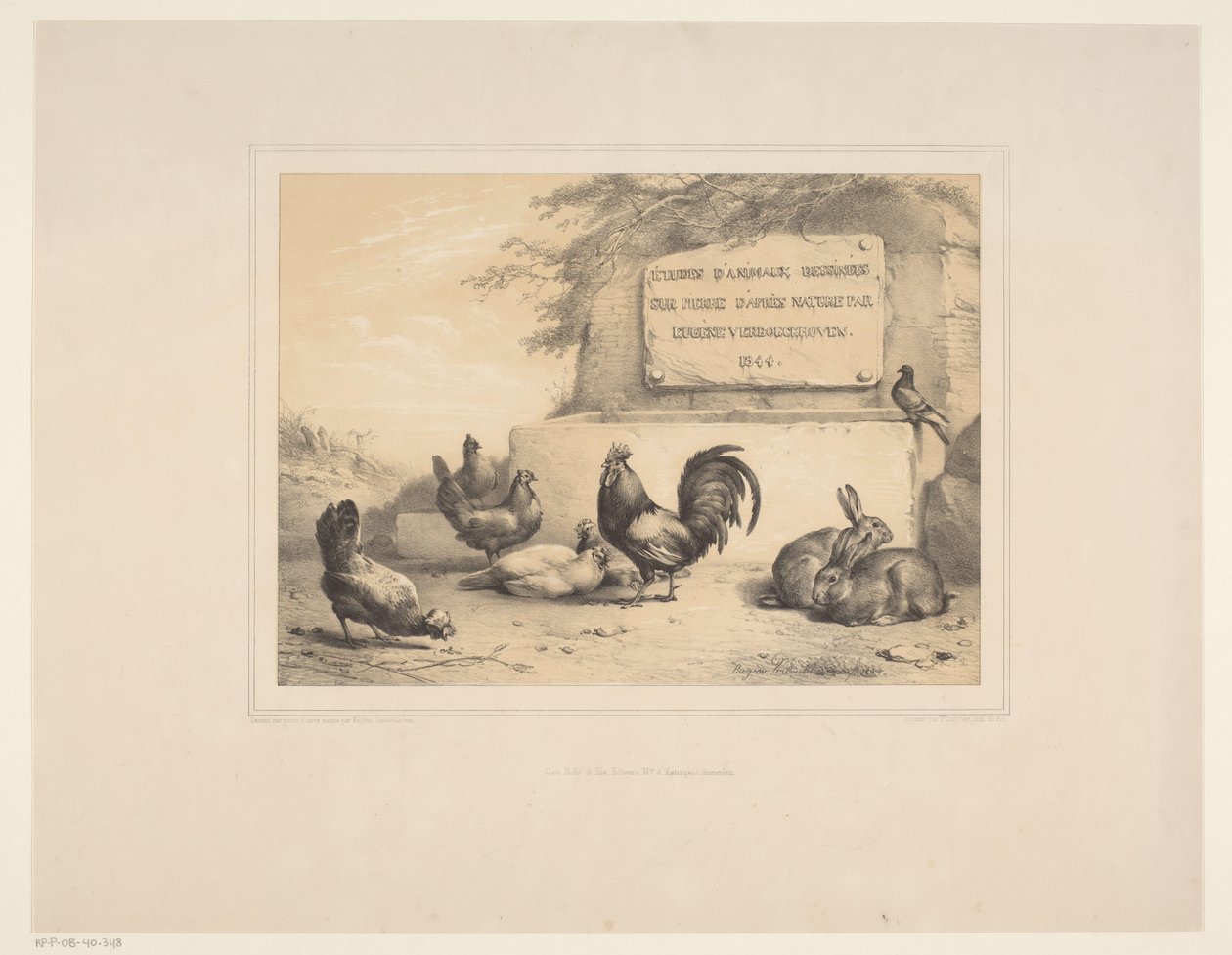 Titre avec poules, lapins et une colombe - Eugène Verboeckhoven