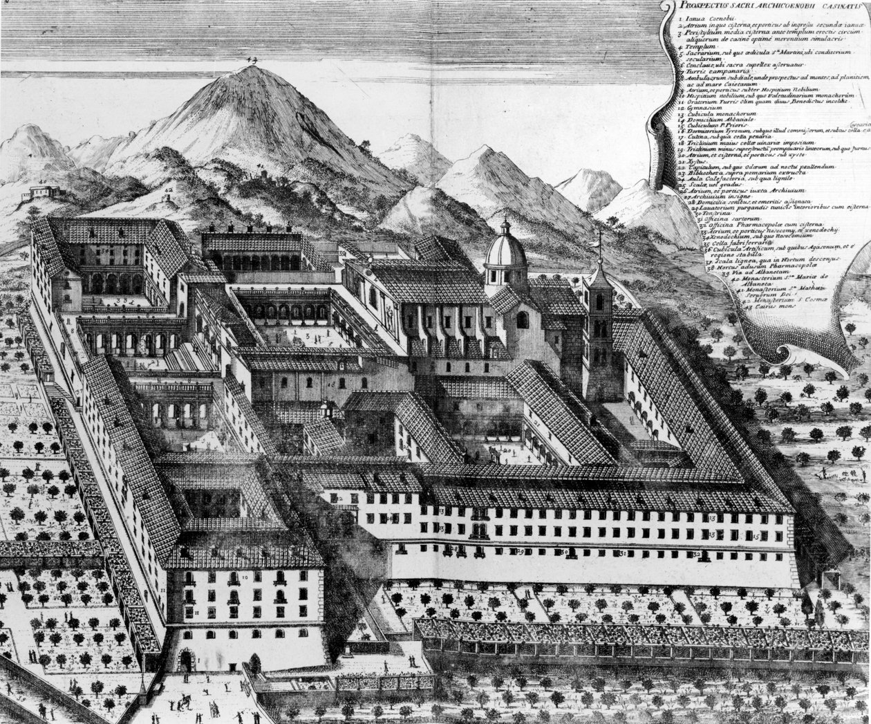 Vue aérienne de Monte Cassino, Italie (gravure) - European School