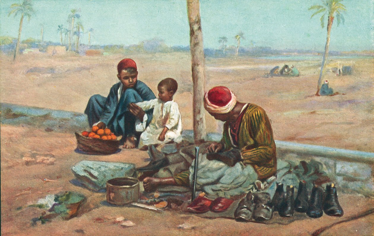 Cordonnier et enfants, Egypte (lithographie couleur) - European School