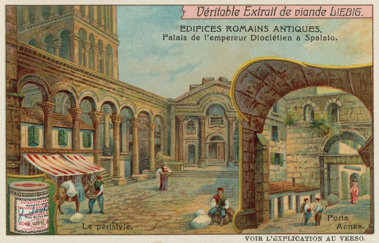 Palais de Dioclétien à Split en Croatie avec détail de la colonnade et de la porte maritime sud (chromolitho) - European School