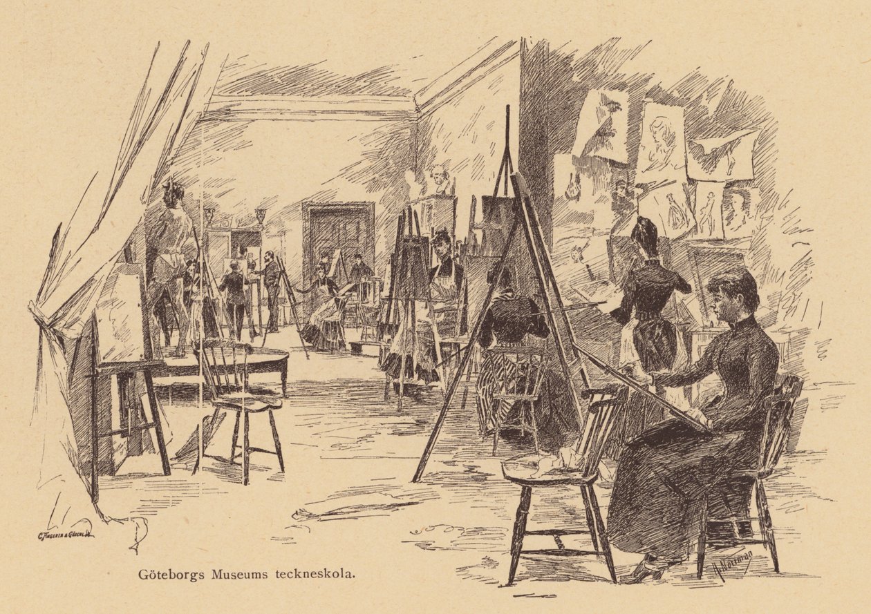 Cours de dessin au musée de Göteborg, Suède (gravure) - European School
