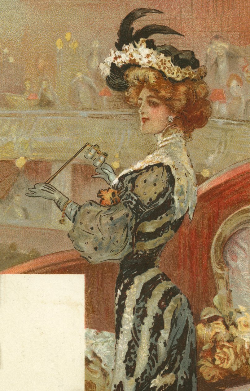 Femme élégante au théâtre (lithographie couleur) - European School