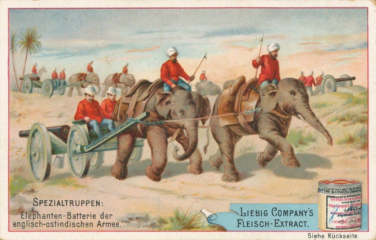 Soldats anglais tirés par des éléphants en Inde, carte Liebig, début du 20e siècle (chromo) - European School