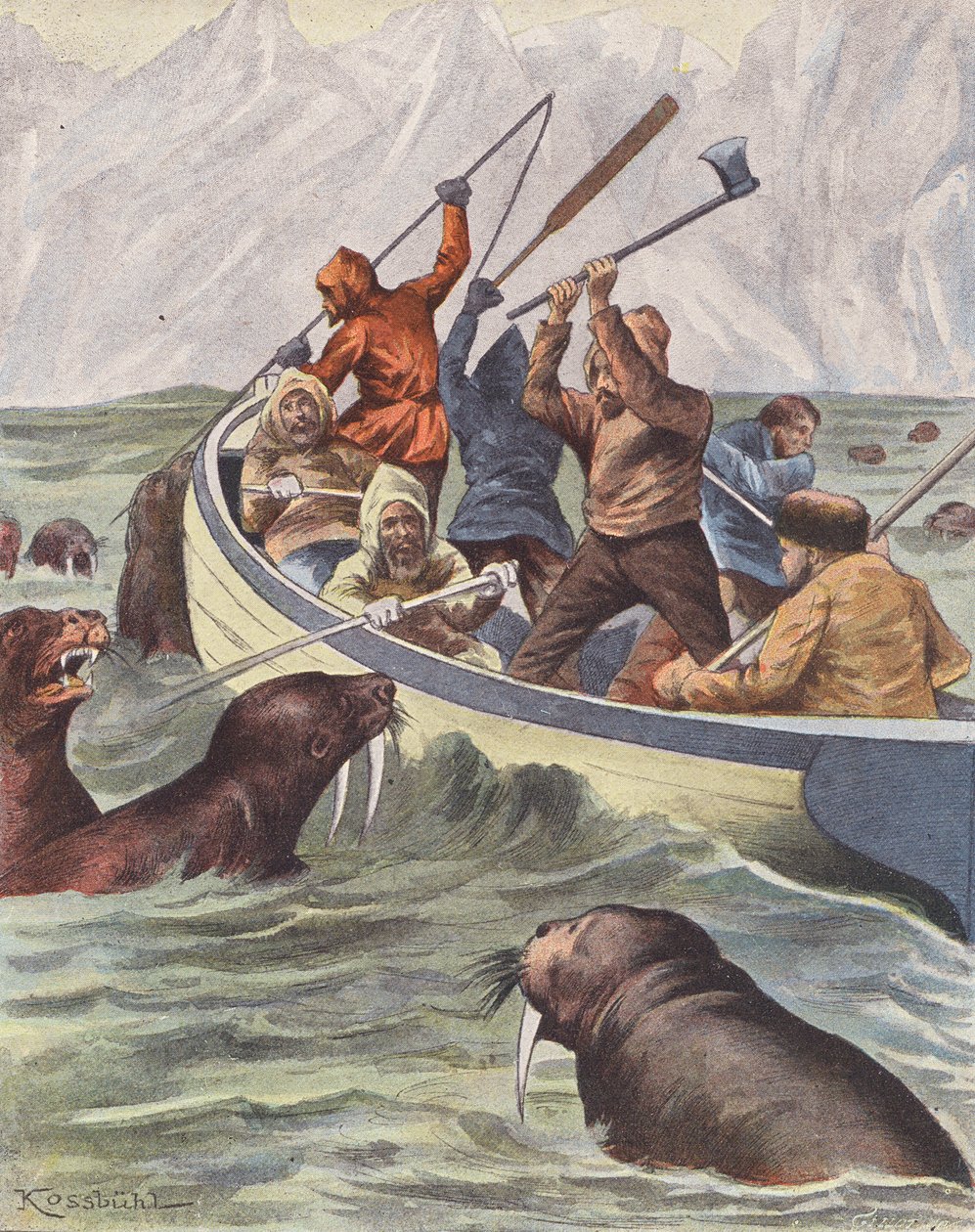 Le bateau des explorateurs attaqué par des morses (lithographie couleur) - European School