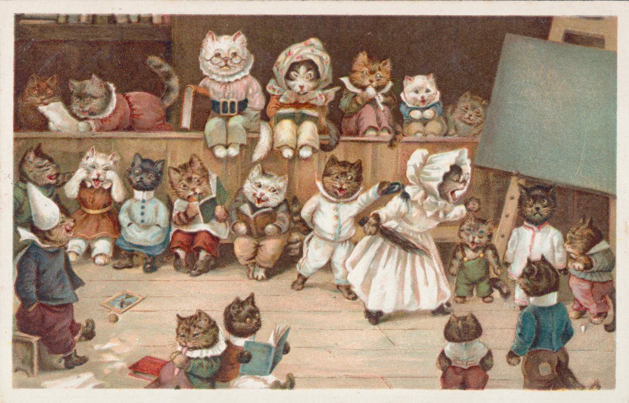 Carte postale humoristique sur les chats (lithographie couleur) - European School