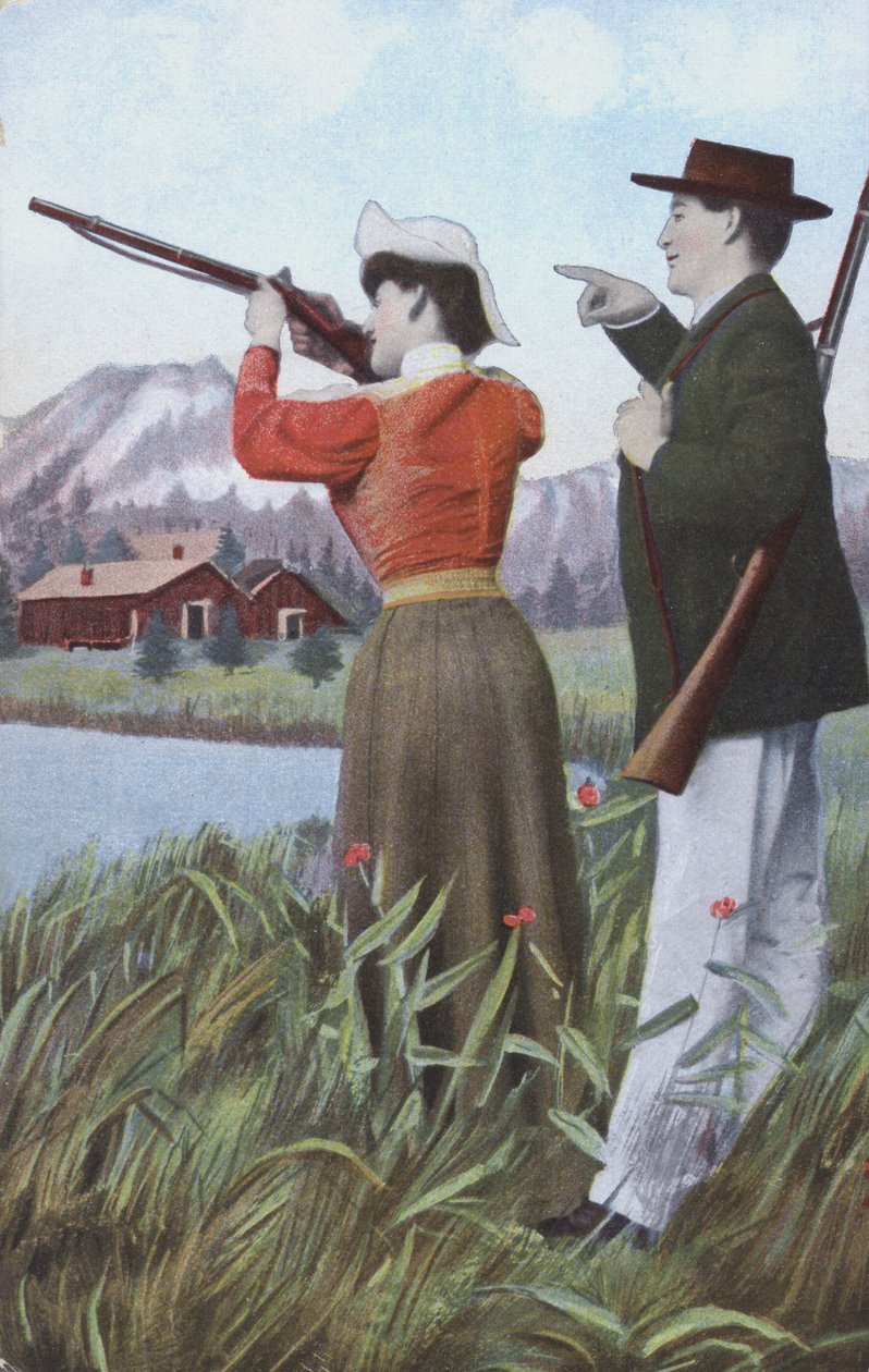 Homme et femme en train de tirer (lithographie couleur) - European School