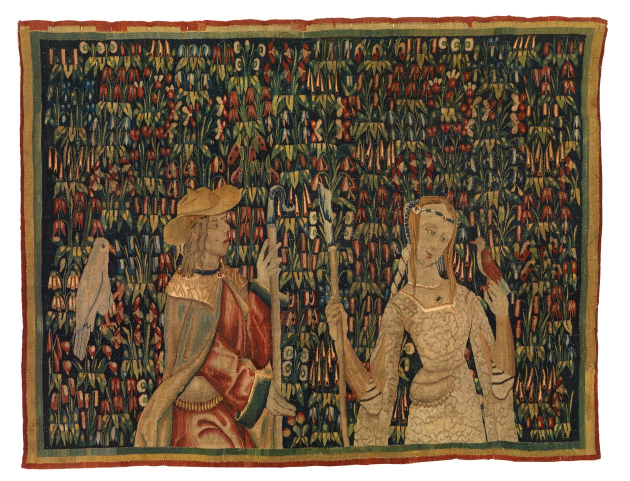 Fragment de tapisserie mille fleurs représentant un berger et une bergère ou une dame et un jeune homme - European School