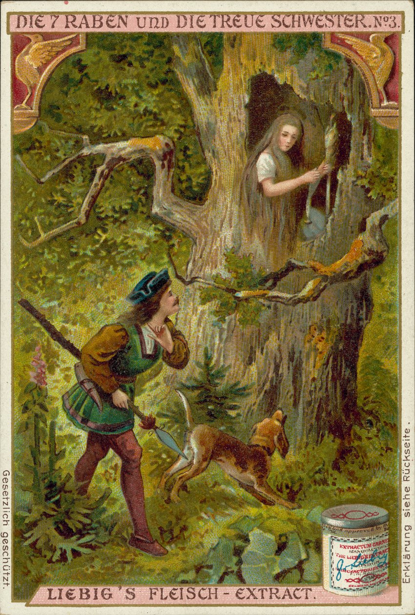 Scène des Sept Corbeaux, conte des frères Grimm (chromolitho) - European School