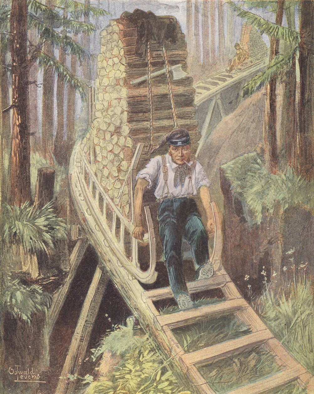 Transport de grumes sur un traîneau dans les Vosges (lithographie couleur) - European School
