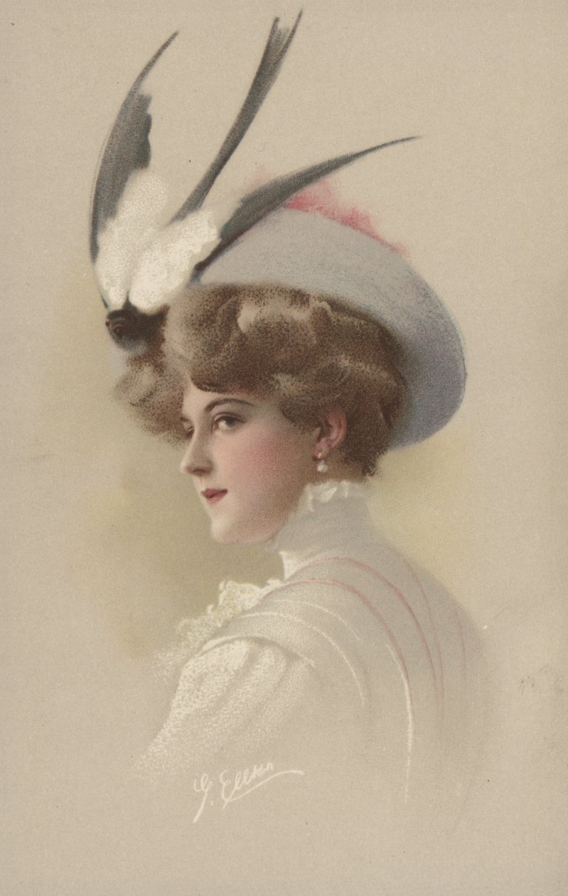 Femme au chapeau avec une hirondelle empaillée (lithographie couleur) - European School