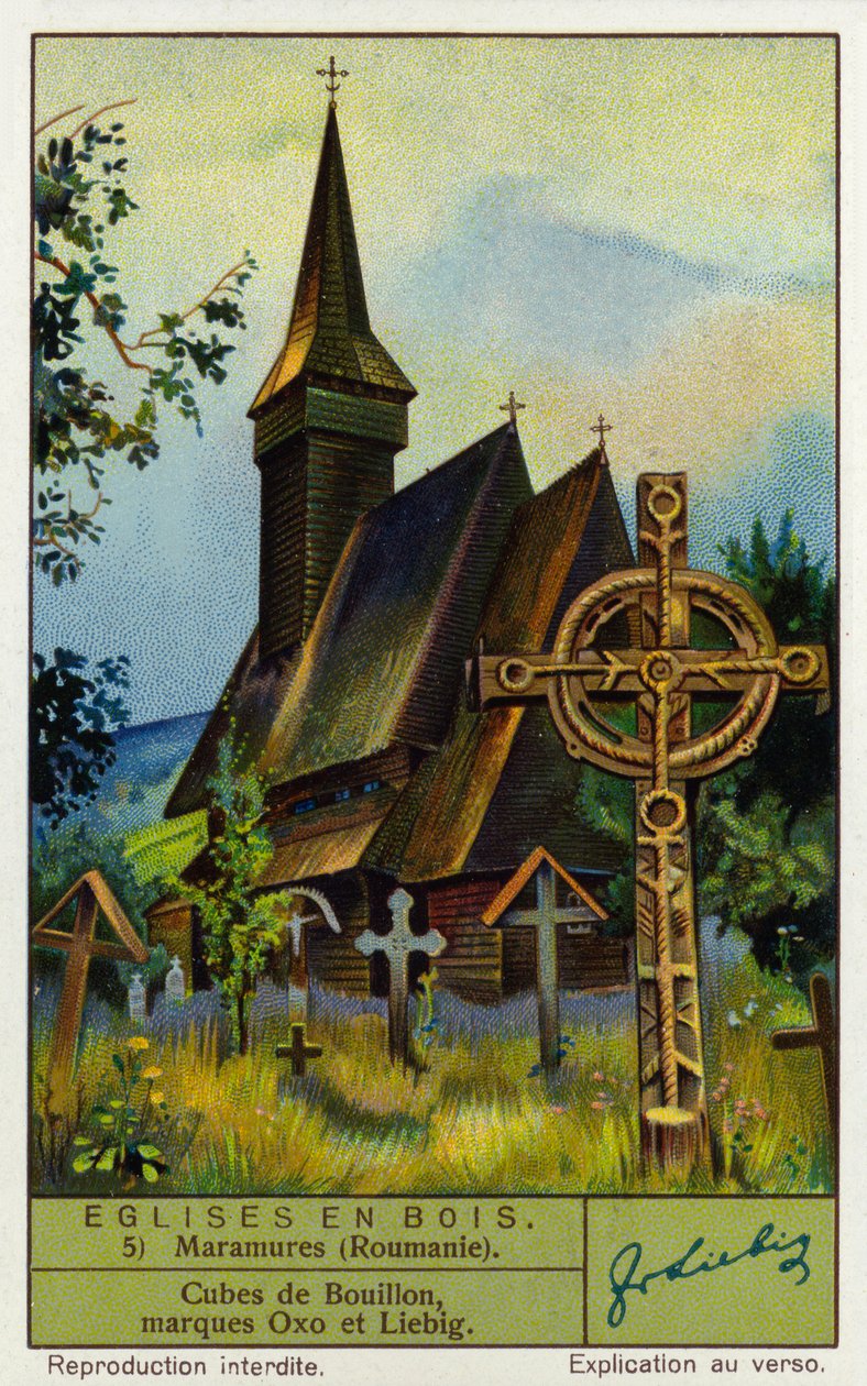Église en bois, Maramures, nord de la Roumanie (chromolitho) - European School