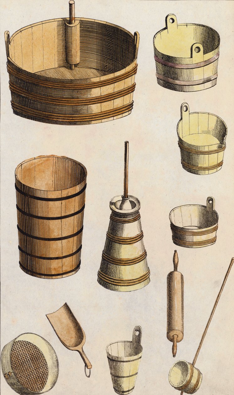 Outils et récipients en bois (lithographie couleur) - European School
