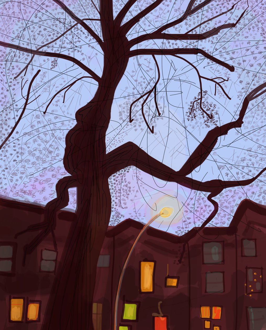 Brooklyn Brownstone Street At Dusk, 2016 (dessiné à la main sur un iPad avec un Apple pencil) - Evan Sklar