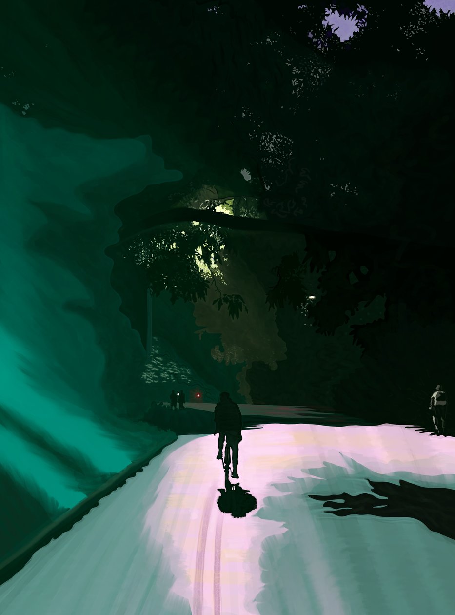 Cycliste à la nuit, Prospect Park, Brooklyn, vers 2020-24 (art numérique) - Evan Sklar