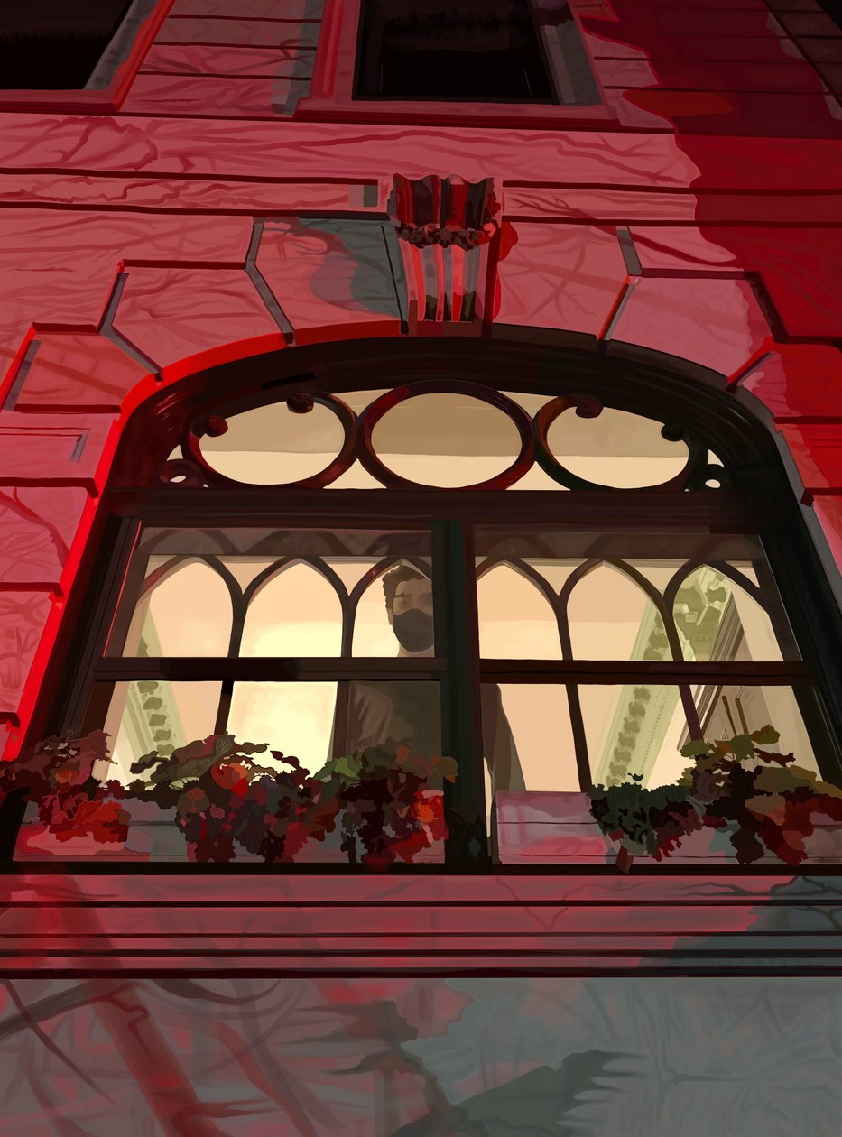 Figure dans la fenêtre illuminée par les sirènes, Brooklyn (art numérique) - Evan Sklar