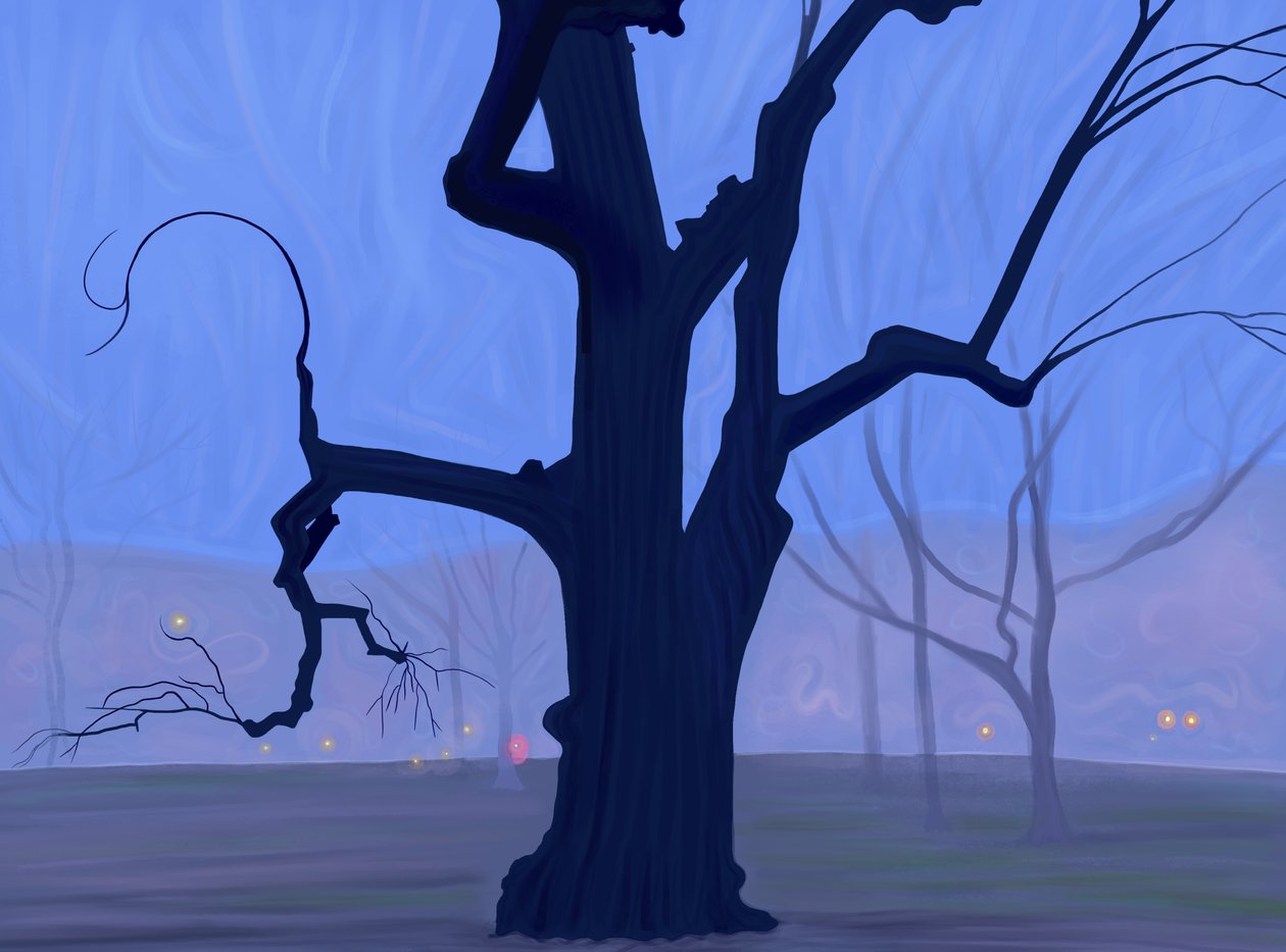 Grand arbre bleu seul dans un champ dans un matin brumeux et crépusculaire Brooklyn (art numérique) - Evan Sklar