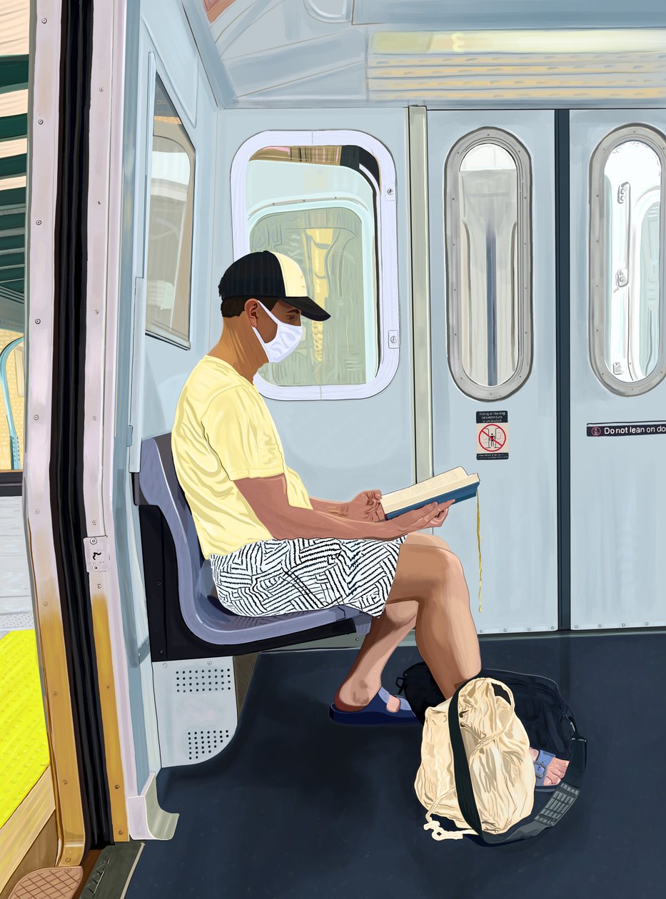Homme en short dénudé lisant un livre dans le métro, vers 2020-24 (art numérique) - Evan Sklar